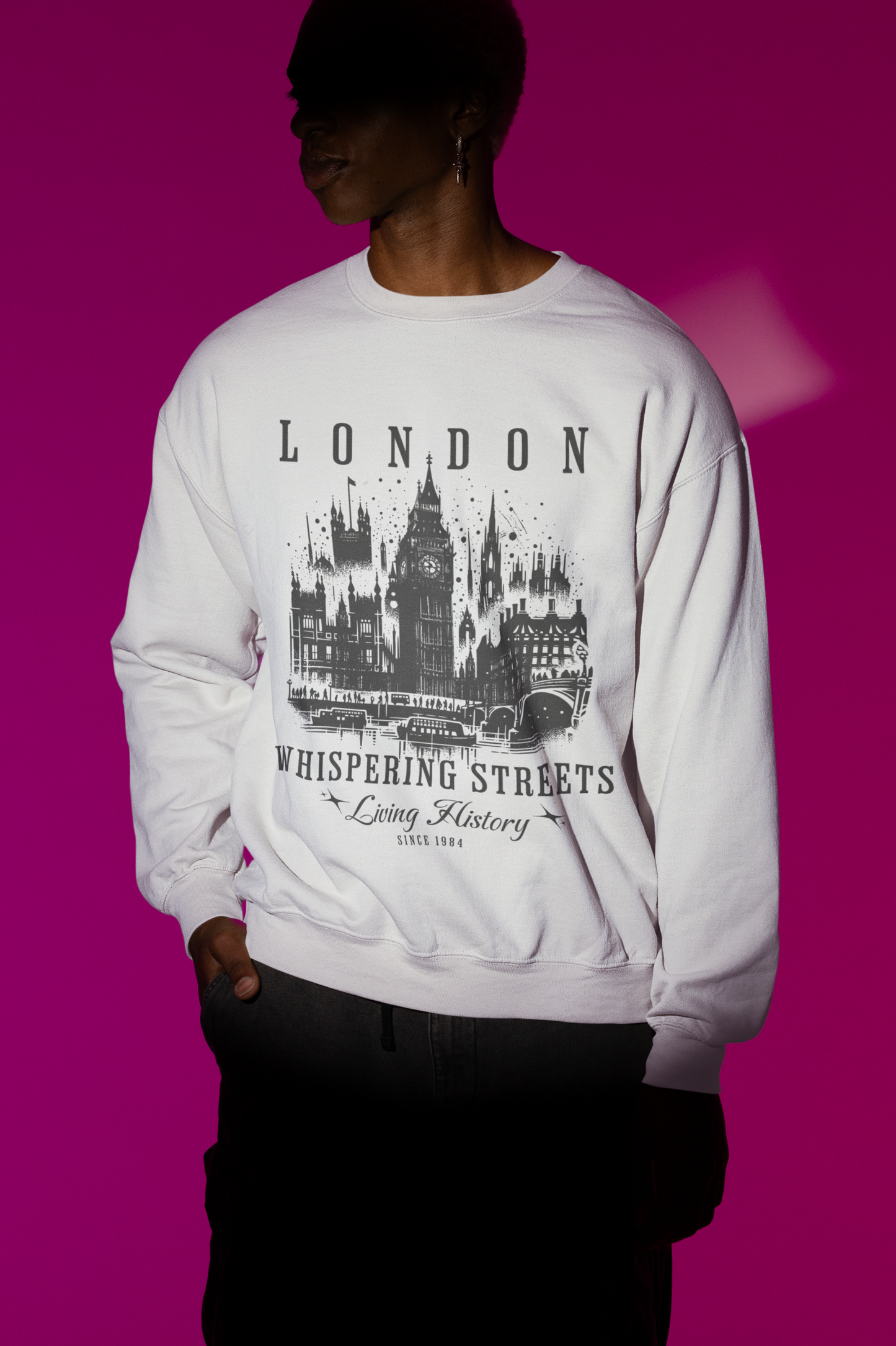 London Whispering Streets Sweatshirt | Cityscape Graphic Hoodie | Heatwear Apparel